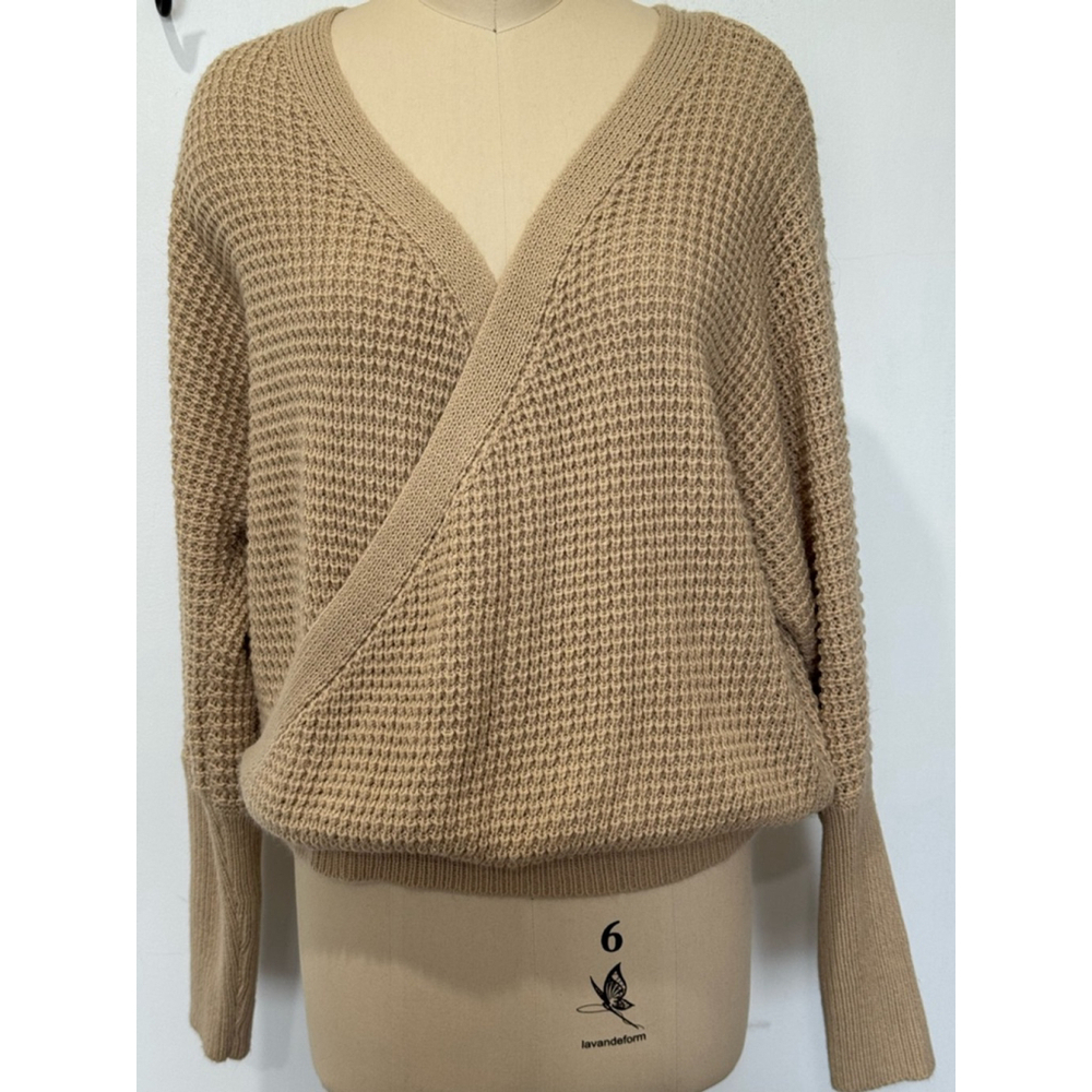 Women's SHEIN Tan beige Knit surplice Wrap waffle knit ribbed Sweater Size L